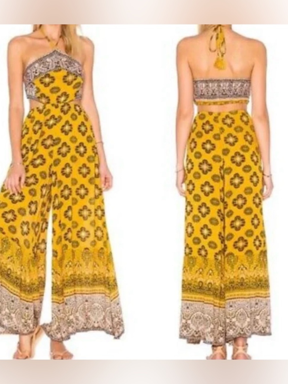 FREE PEOPLE Maribelle Wide Leg Halter Jumpsuit in Yellow Size Small beach
